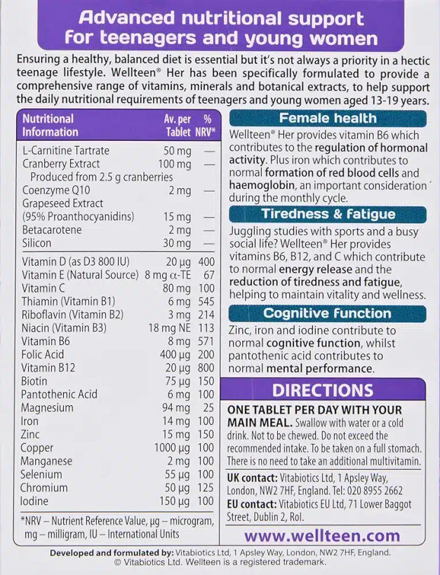 قرص ولتین هیر ویتابیوتکس اصل | Vitabiotics Wellteen Her 30 Tablets
